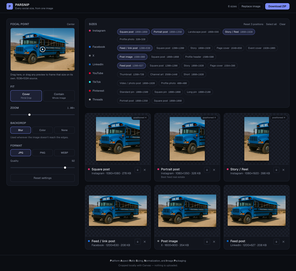 PARSNIP: Platform Aspect Ratio Sizing, Normalization, and Image Packaging